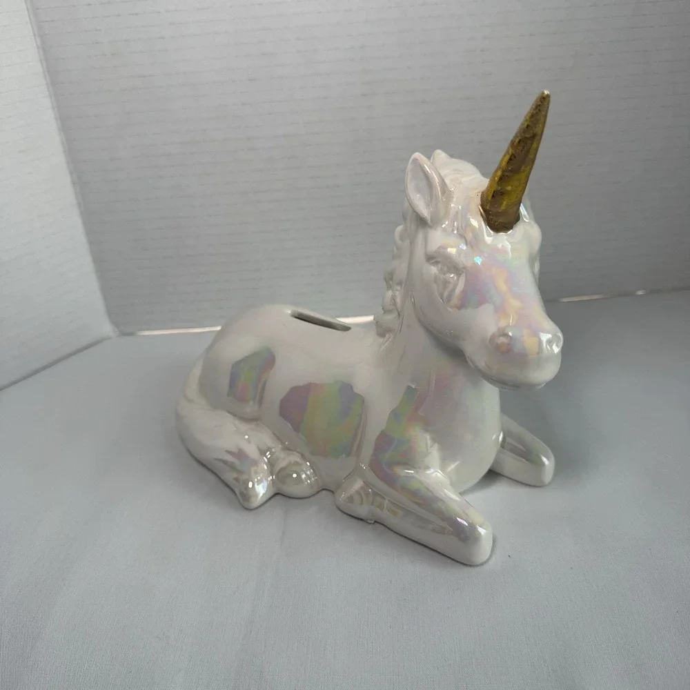 Iridescent Ceramic Unicorn Piggy Bank Gold Horn Rainbow Glaze Coin Bank Fantasy